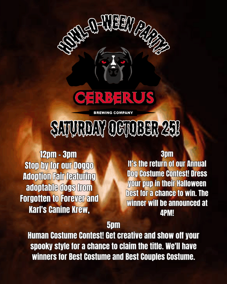 Advertisement for a Halloween party at Cerberus Brewing. Details include a dog meet and greet Saturday, October 25 from noon to 3 p.m., a dog costume contest at 3 p.m. and a human costume contest at 5 p.m. Call Cerberus for more details. 719-636-BEER (2337)